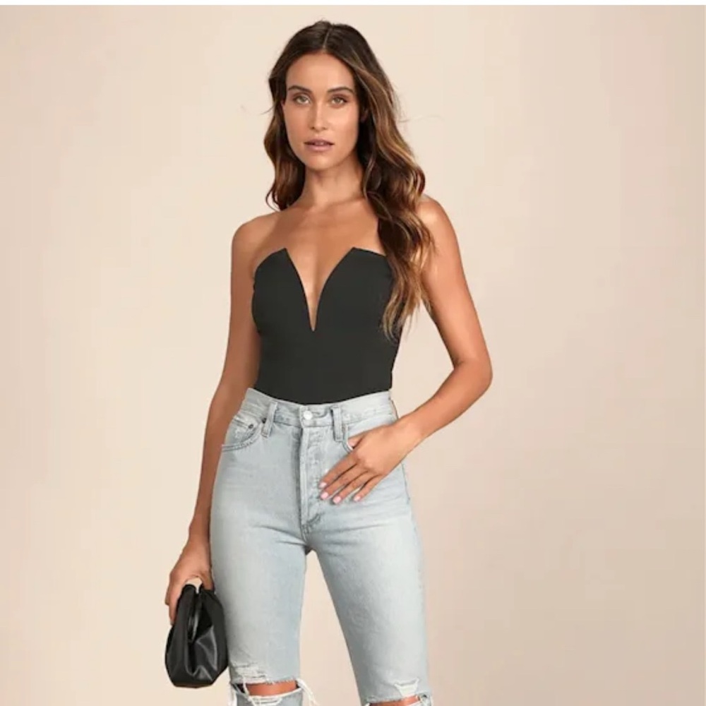 LULUS BABE ALERT BLACK NOTCHED STRAPLESS BODYSUIT SIZE M